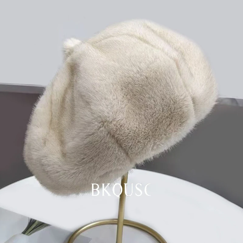 BKQUSC الفاخرة الفراء المرأة بيني ضوء الكاكي سلسلة القبعات وشاح الأذن Protacter شتاء جديد دافئ أفخم قبعة وشاح الأذن حامي مجموعة