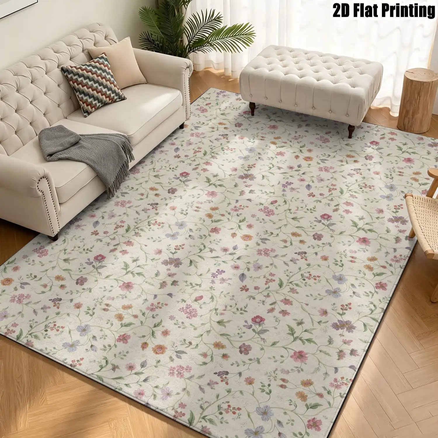 1Pc 2D Printed Light Beige Pink Flower Pattern Carpet, European/Retro/Bohemian/Geometric Striped Style, Machine Washable, Multi-Size, Ideal for Home Decor as Entrance/Dining Room/Bedroom/Living Room Rug