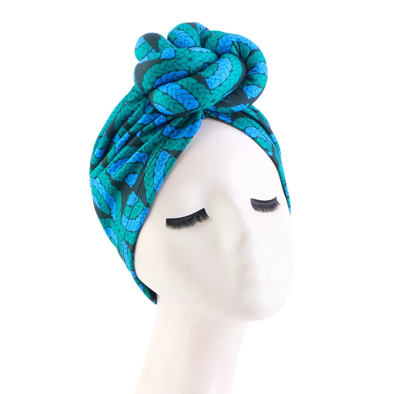 African Pattern Floral Print Knotted Turban Women Chemo Cap Headscarf Beanie Hat Party Wedding Turban Headwear Turbante Mujer