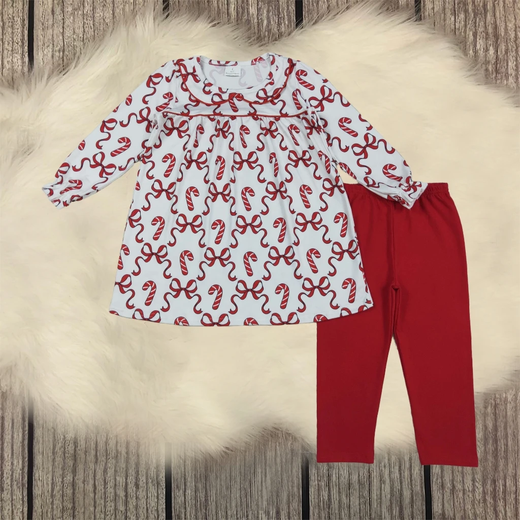 

Christmas Toddler Kids Outfit Set Baby Girl Long Sleeve Candy Cane Tunic Collar Red Cotton Pants and Leggings Children Clothing