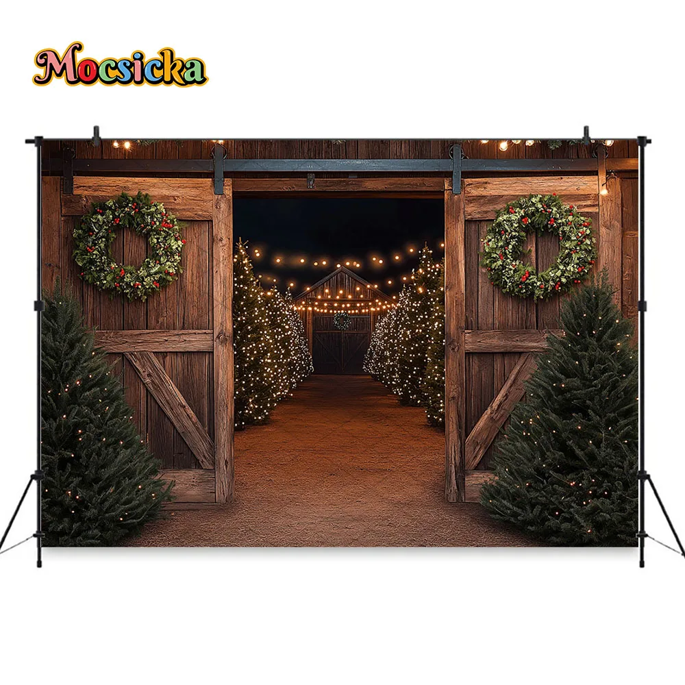 Mocsicka Christmas Tree Farm Backdrop Photography Wooden Barn Door Glitter Lights Background Family Child Outdoor Photo Studio