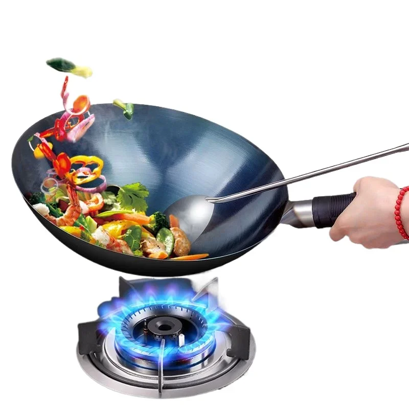 32/34cm Seasoning Blue Iron Wok Uncoated Nonstick Pot Lightweight Classic Chef Wok Outdoor Kitchen Cookware for Gas Stove