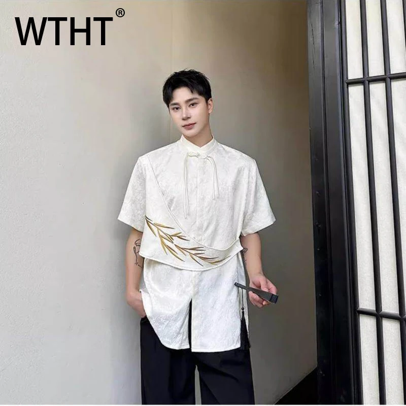 

WTHT Fashion Men's Spliced Fake Two-pieve Embroidery Casual Shirts Trendy Chinese Style Stand Collar Top Male 2025 Summer 2A1031