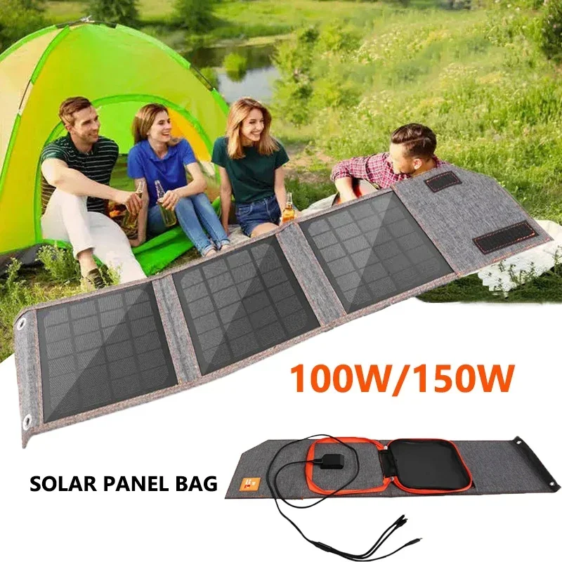 150W/100W Folding Solar Panel USB 5V Solar Charger Portable Solar Cell Outdoor Phone Power Bank for Camping Hiking with Cable