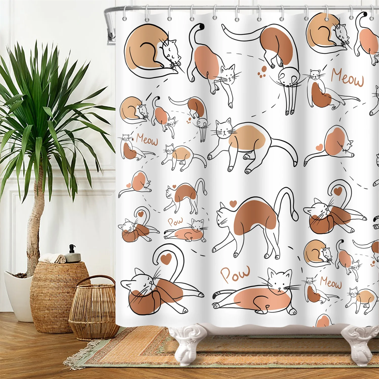 Cartoon Cat Shower Curtain Funny Animal Cute Cat Dog Kids Print Waterproof Bath Bathroom Shower Curtains Decoration with Hooks