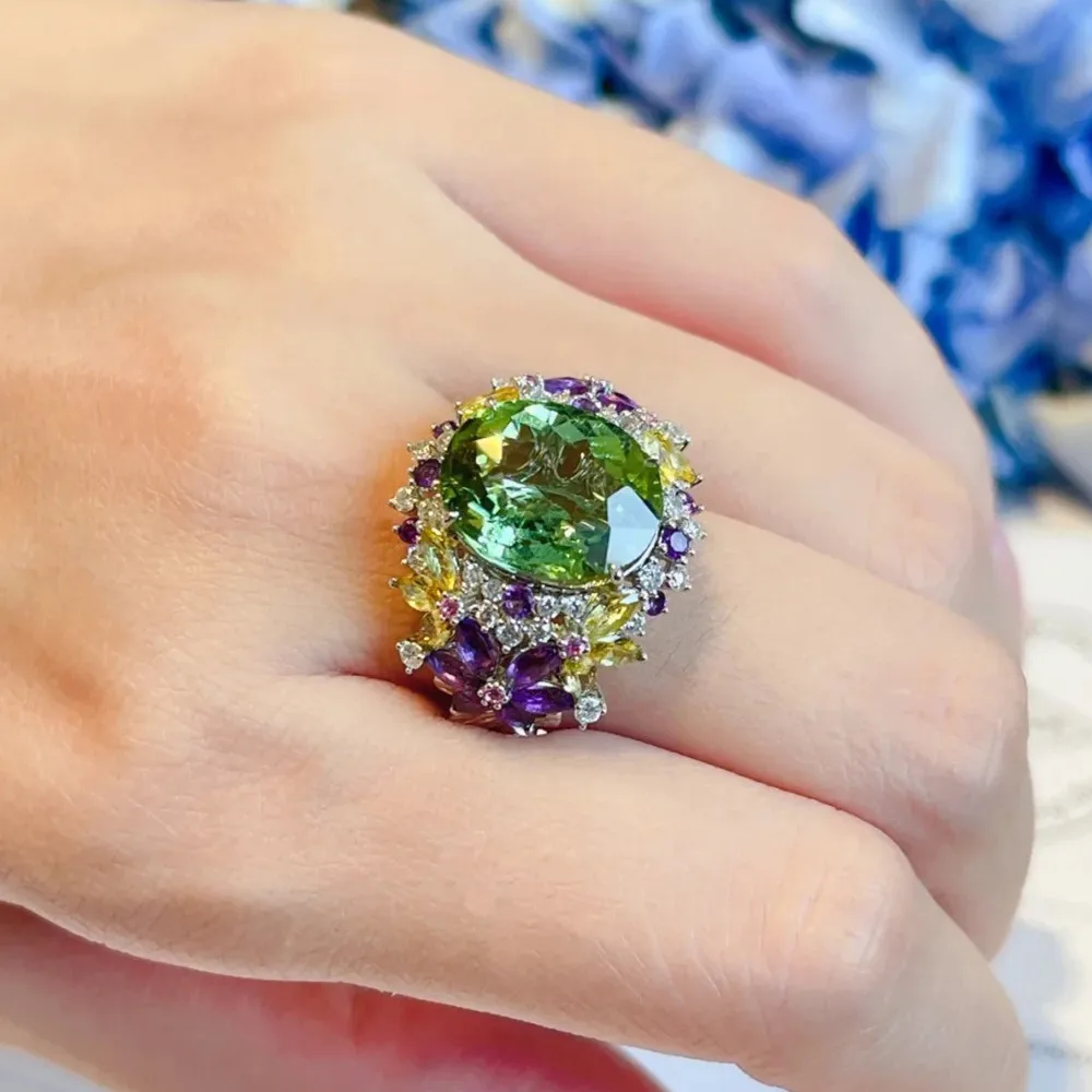 Sparkling Peppermint Green Gemstones Rings for Women Ladies' Exquisite Full Bling Diamonds Luxury Cocktail Ring Jewelry Gifts 5
