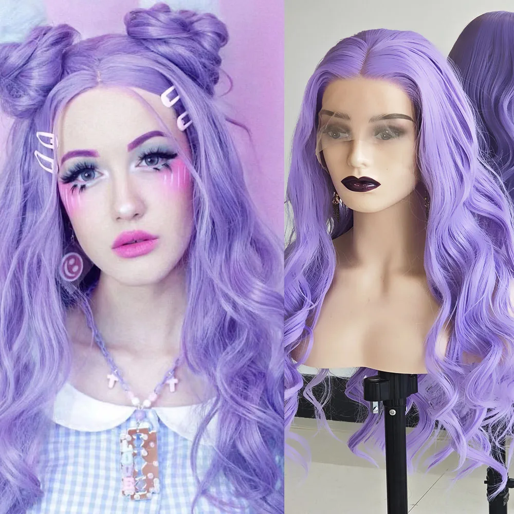 RONGDUOYI Lavender Purple Color Synthetic Wig Natural Hairline Body Wave Lace Front Wigs Fiber Makeup Cosplay Women Use