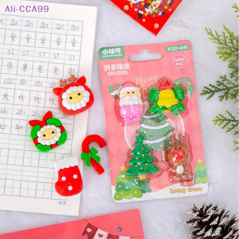 4 Pcs/set Cute Cartoon Santa Claus Reindeer Erasers Kawaii Aesthetic Stationery Kids Eraser Set Student Reward Christmas Gifts