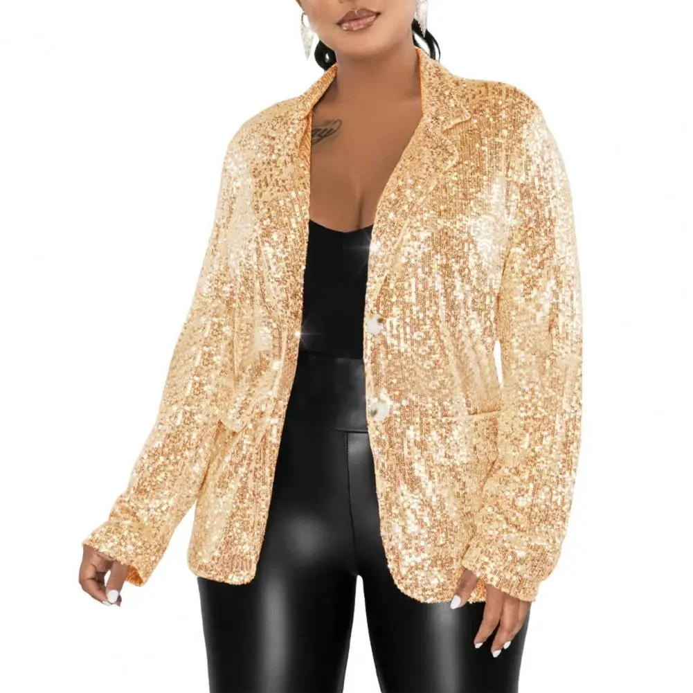 Abrigo de traje con lentejuelas para mujer, abrigo elegante con solapa y bolsillos con solapa y lentejuelas brillantes, un solo pecho, primavera