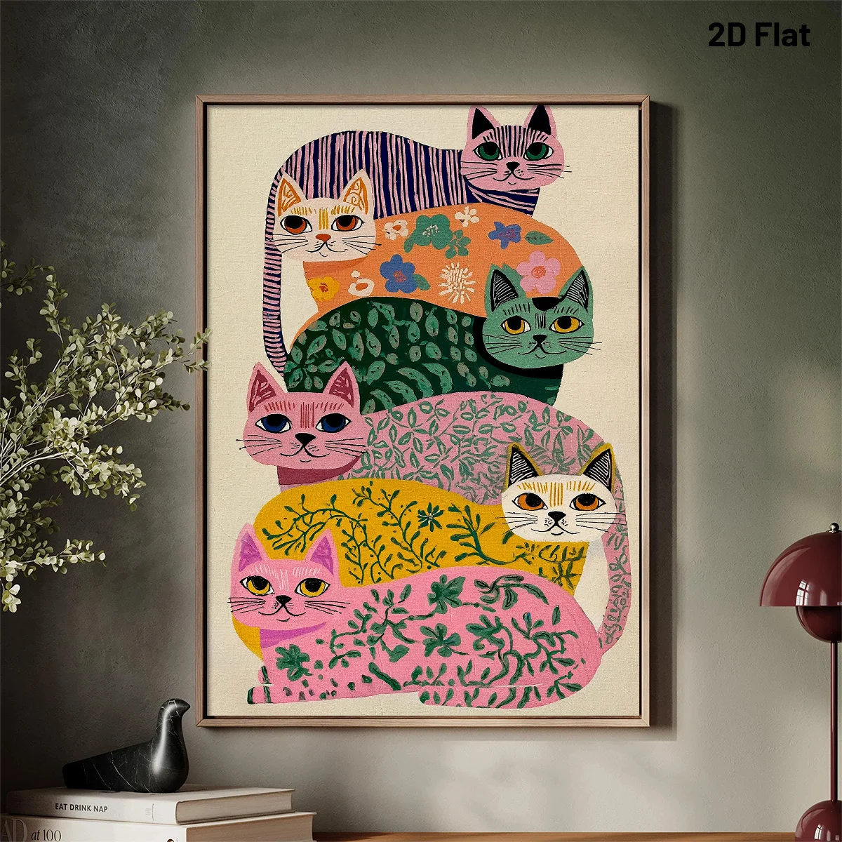 Mid-Century Modern Cat Wall Art - Vertical Whimsical Floral Vertical Cat Poster, Retro Art print Suitable for Bedroom, Office,-