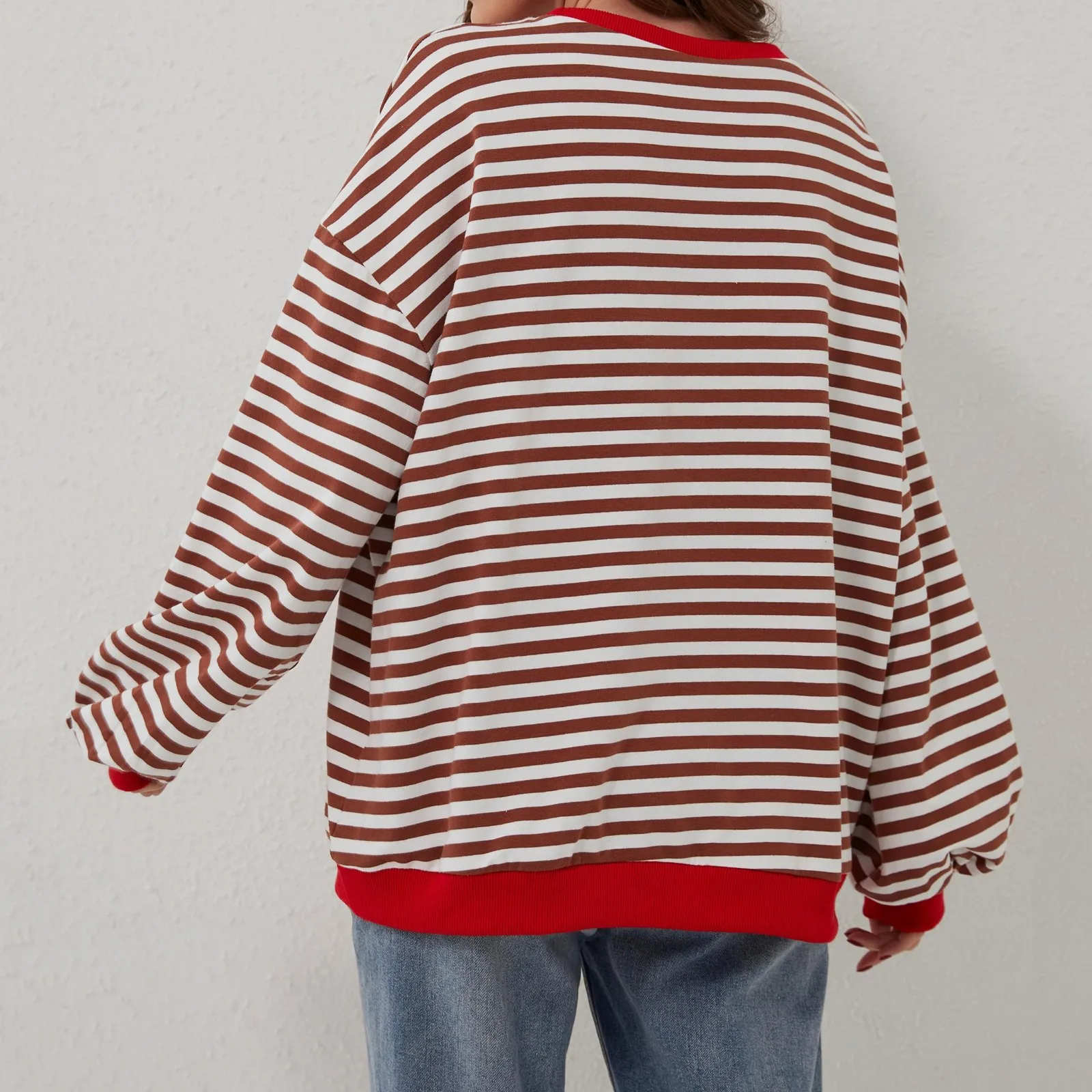 Women\'s Oversized Striped Color Blocking Long Sleeved Round Neck Sports Shirt Casual Loose fashion 2024 women\'s clothing