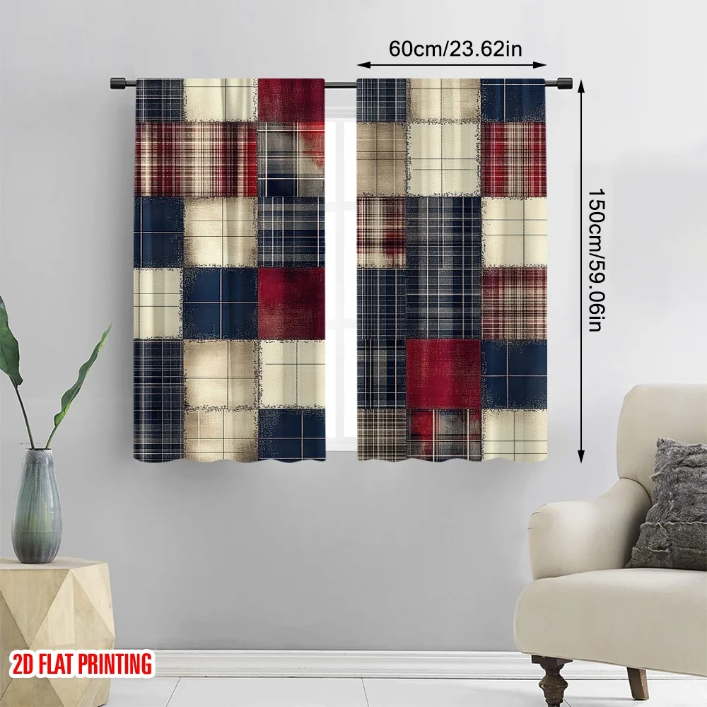 2D flat printing 2pcs Curtains Plaid Pattern1 Machine Washable Polyester,Without Electricity Spring Party & Holiday Decor