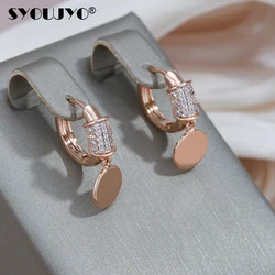 Glossy Disc Drop Earrings For Women SYOUJYO 585 Rose Gold Color Natural Zircon Full Paved Luxury Bride Wedding Fine Jewelry