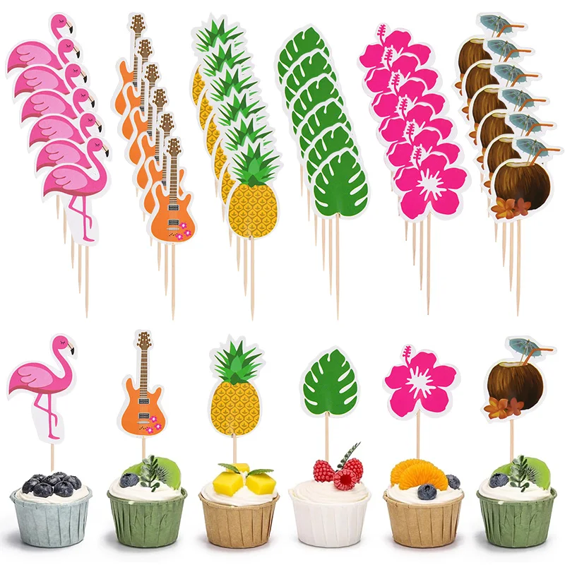 

24/48Pcs Flamingo Pineapple Cupcake Topper Hawaiian Palm Leaf Flowers Cake Decoration Tropical Summer Beach Birthday Party Decor