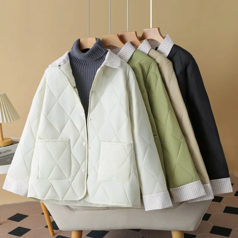 Plus Size Women Parka Autumn Winter New Loose Thin Argyle Lapel Block Color cotton-padded Coat 815