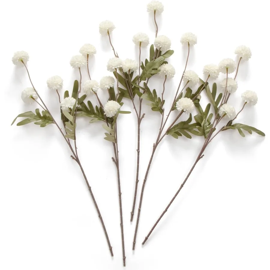 

Artificial Kiku Flower White 5 Pcs Fake Pompon Mums Silk Small Chrysanthemum Faux Ball Fall Flower Stem Decor for Autumn Weddin