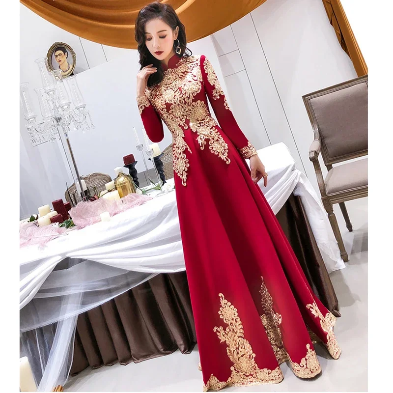 Customized Modest Evening Dress Wine Red High Collar Full Sleeves Zipper A-line Floor Length Plus size Woman Party Formal Gowns