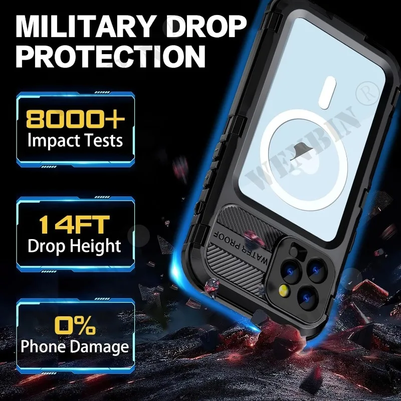 Luxury Metal Waterproof For iPhone 15 Pro Max Plus With Built-in Screen Protector Rugged Full Body Military Dropproof Cover