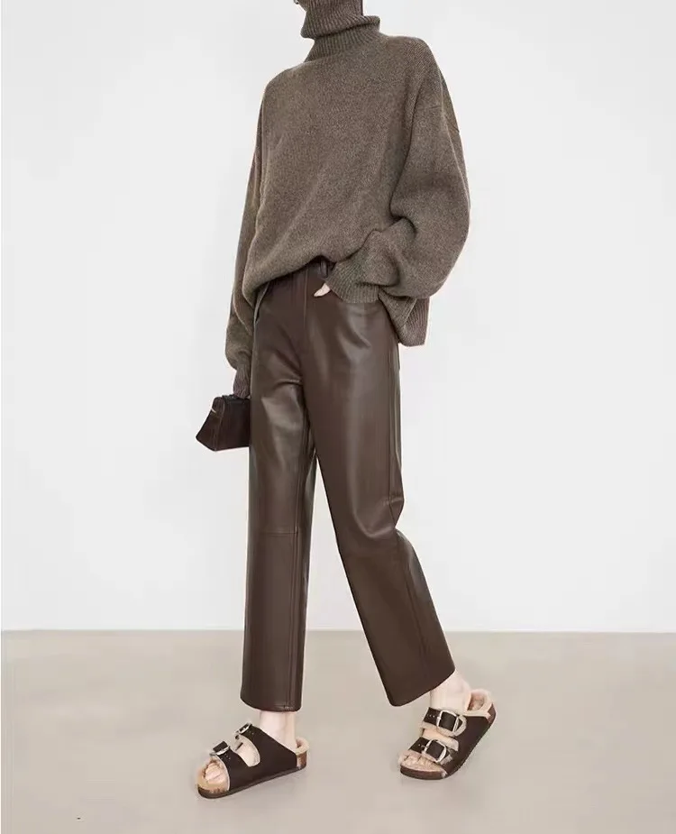 2023 Autumn and Winter Fashion New Genuine Sheepskin Leather Pants Slim Casual Straight Pants E74