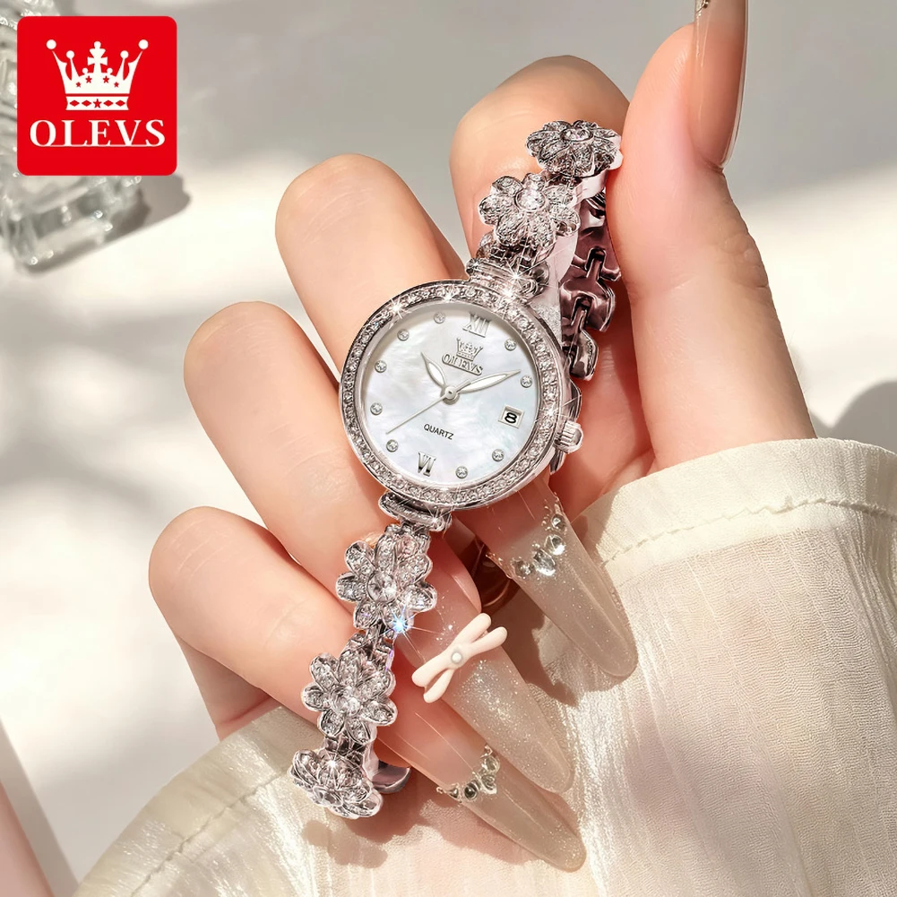 OLEVS 5699 Women Quartz Watch Luxury Flower Diamond Stainless Steel Bracelet Wristwatch Waterproof Elegant Ladies Dress Watch
