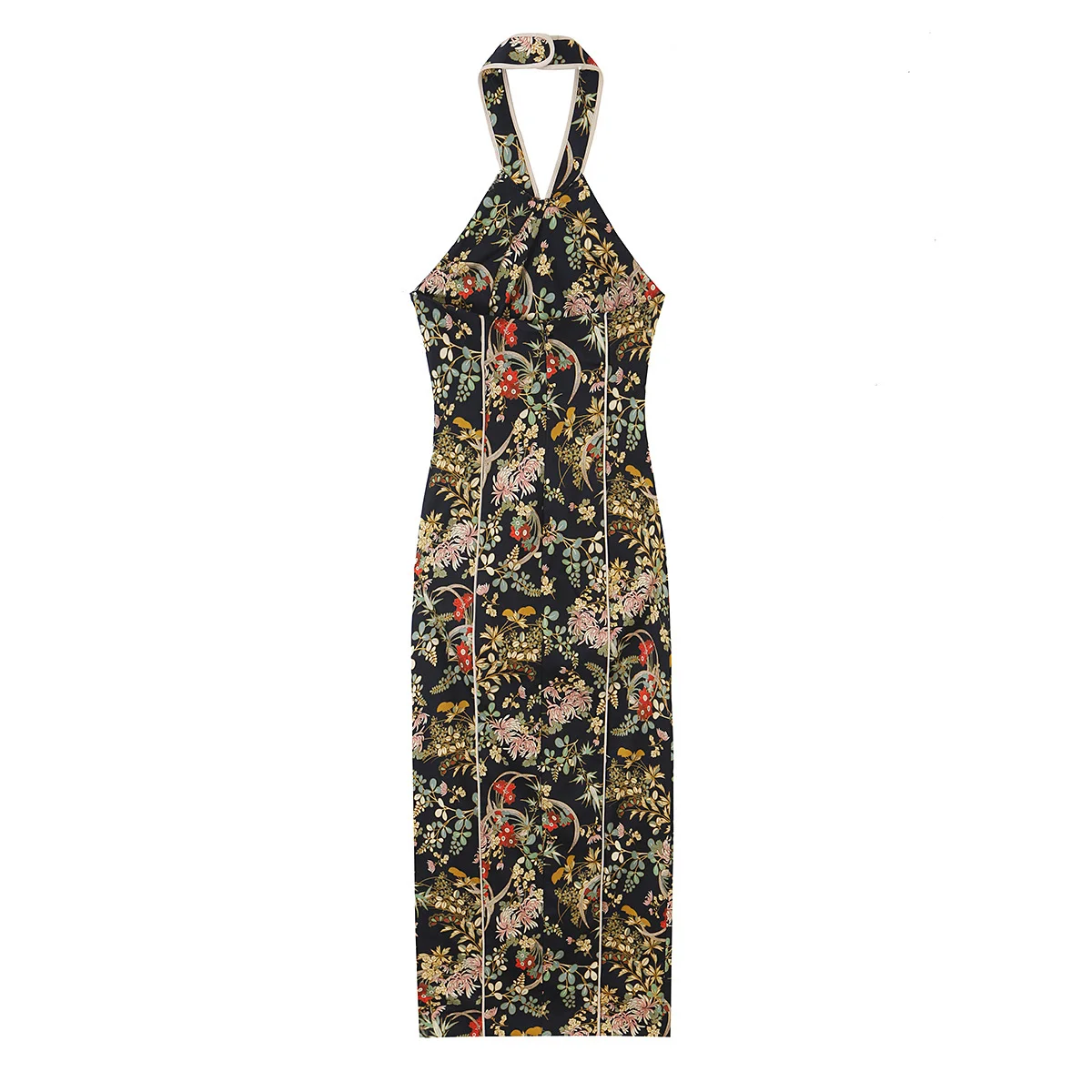 TFMLN Elegante Neckholder-Kleider für Damen 2026 Bedruckte Rückenfreie Qipao Midi-Kleider Vintage Chinesischer Stil Ärmellose Partykleidung – Detail 3