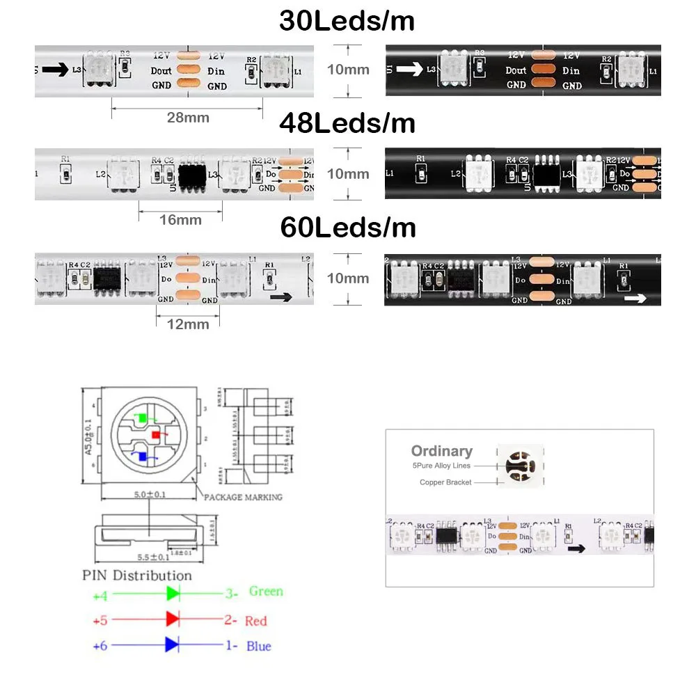 5m WS2811 5050SMD RGBIC Led Strip Light Addressable 30/60Leds/M Pixels Tape External 1 Ic Control 3 Leds DC12V