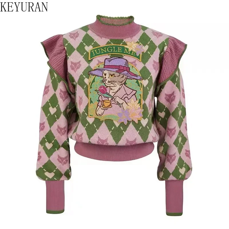 

Pink Argyle Contrast Color Vintage Jacquard Pullover Sweater Women's Autumn Cartoon Embroidery Ruffles Long Sleeve Tops Jumper