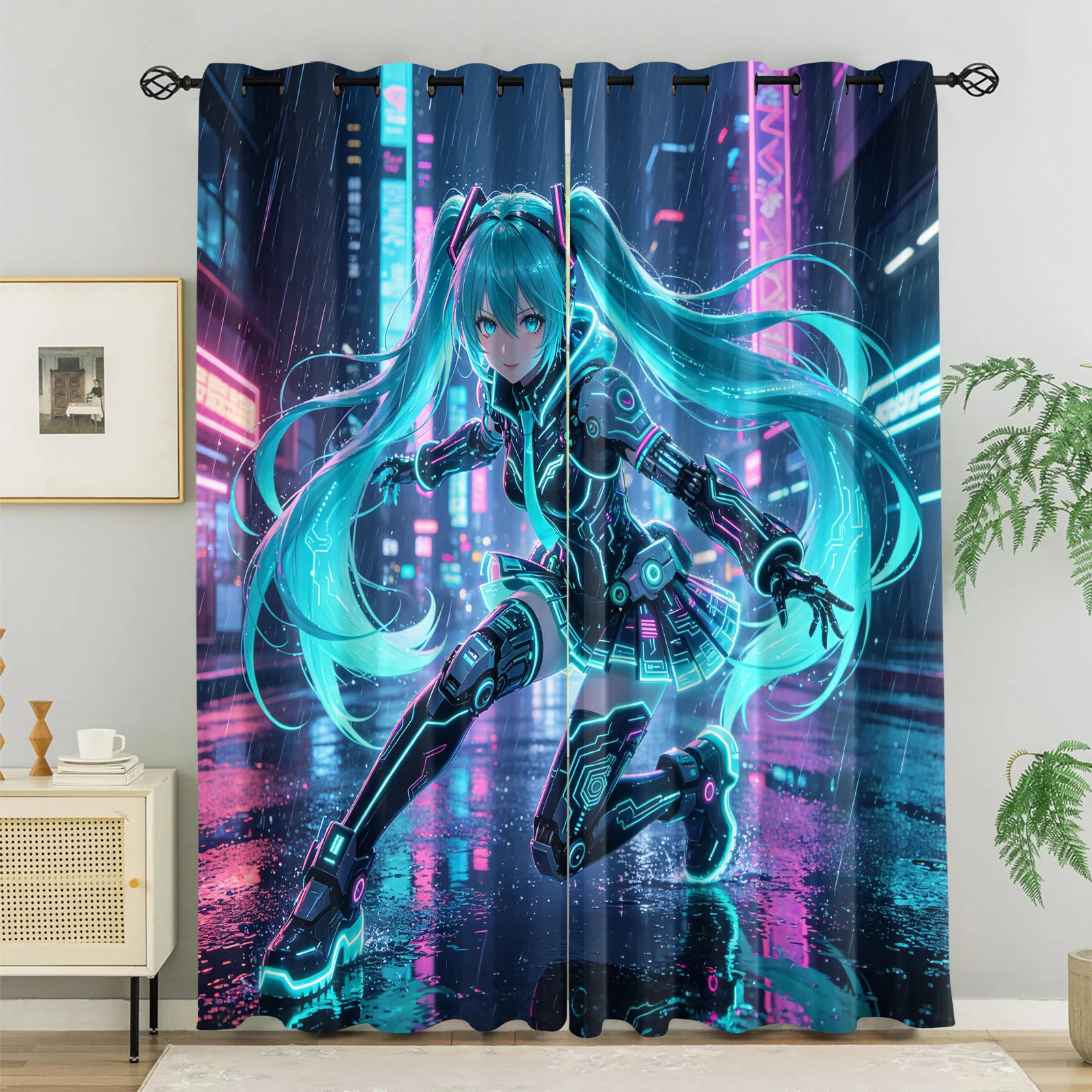 初音ミクアニメカーテン2枚、高遮光デジタルプリントカーテン、寝室とリビングルームの装飾、アニメファンに最適