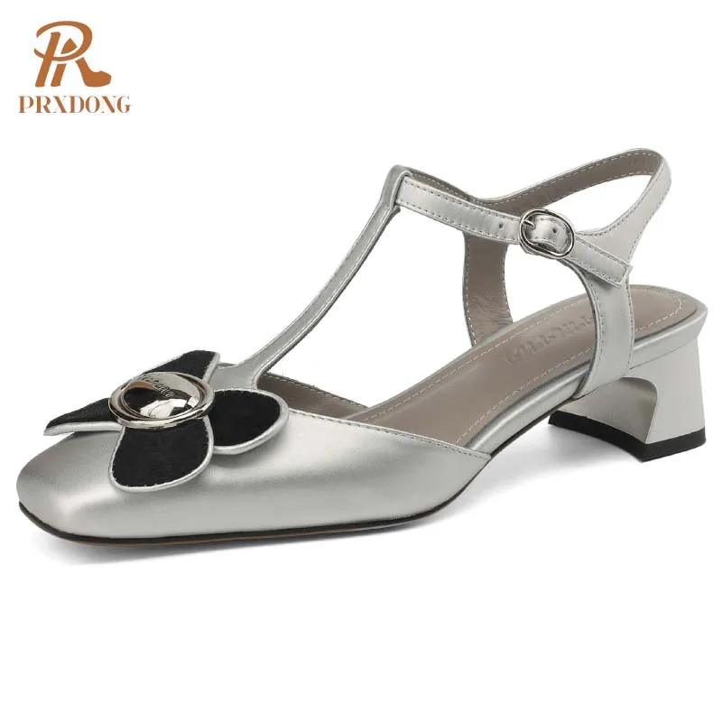 

PRXDONG Women's Shoes New Summer Genuine Leather Med Heels T-strap Gold Silver Flowers Dress Party Female Pumps Shoes Size 34-39