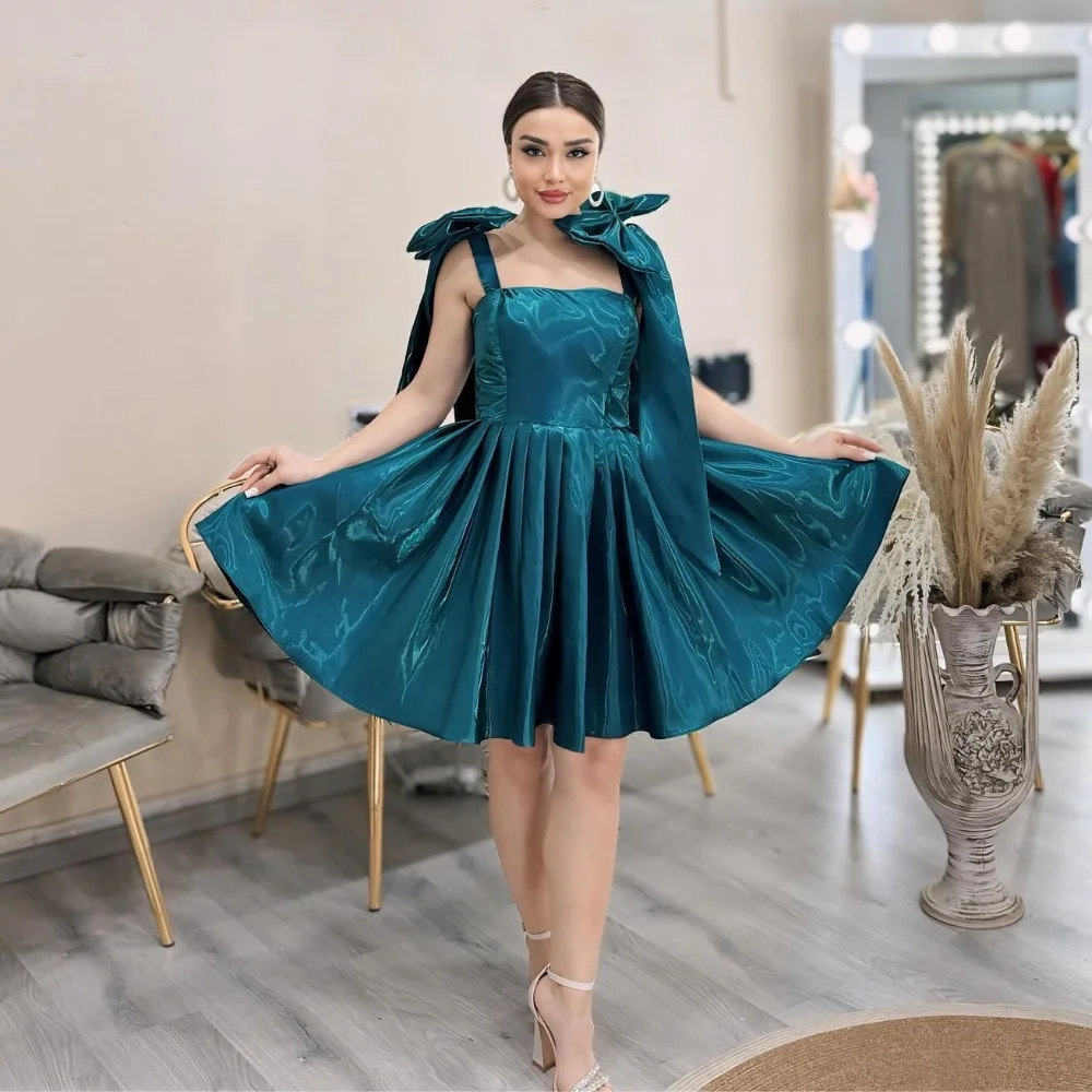 Customized Evening Satin Bow Draped Pleat Party A-line Off-the-shoulder Bespoke Occasion Gown Knee Length Dresses