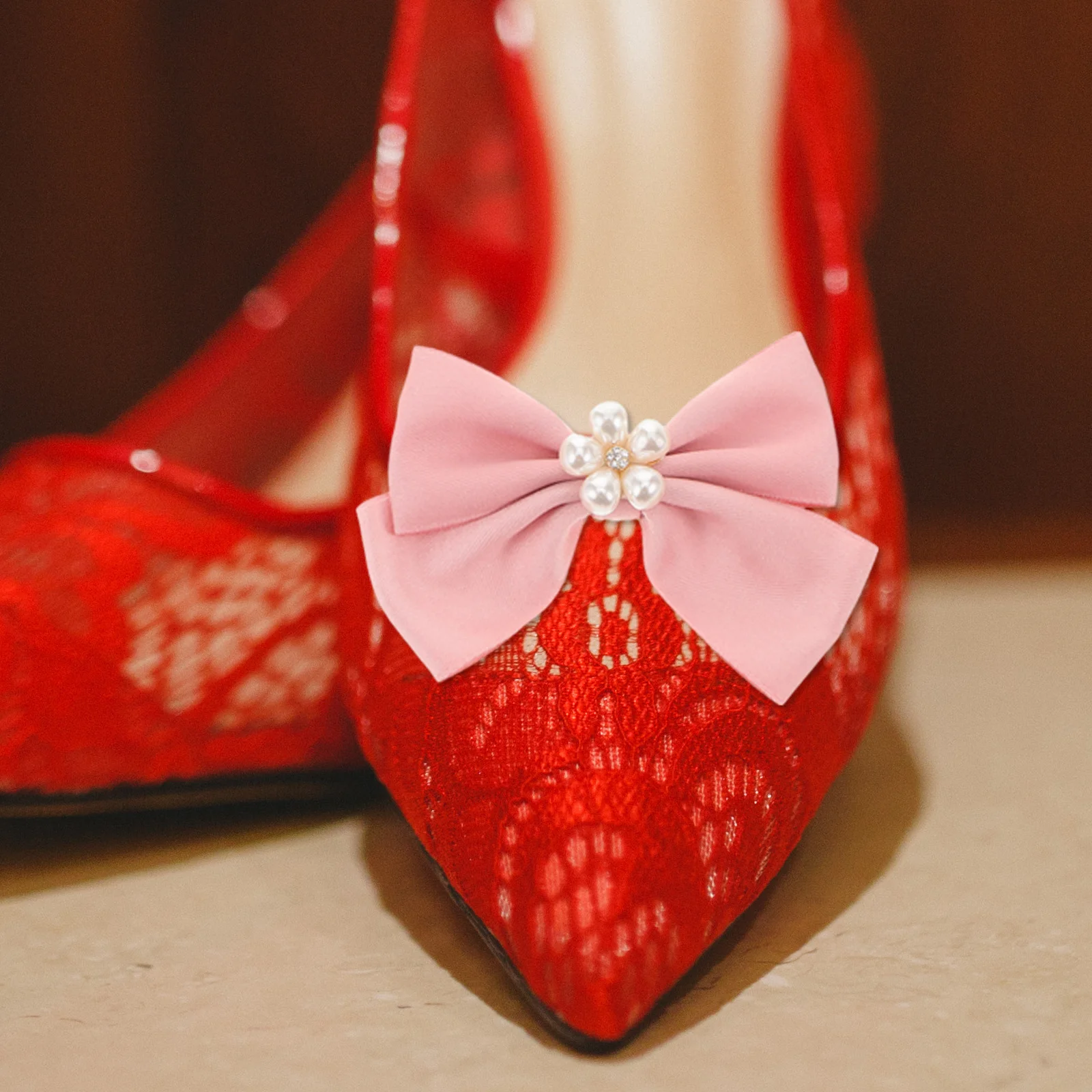 

2 Pcs Pink Bow Shoe Clips Golden Decorative for Wedding Bridal Accessories Women Flats Heels Boots Shoe Decorations