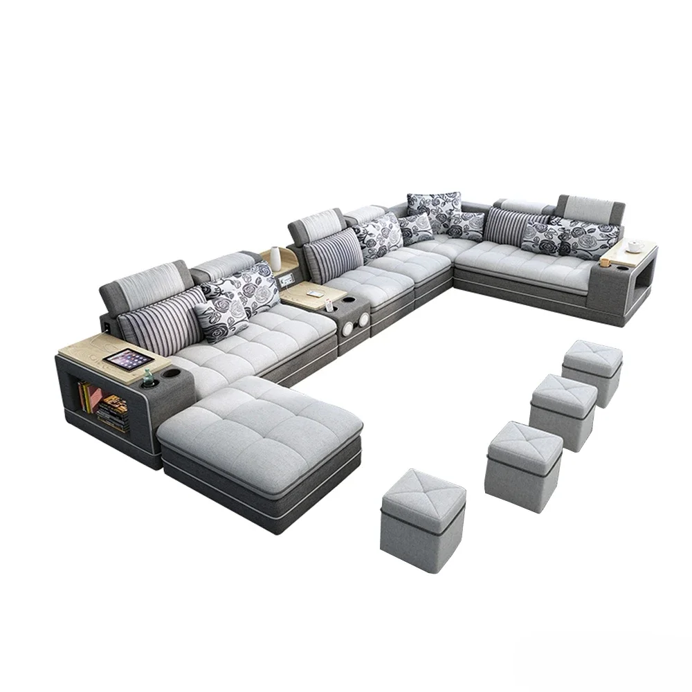 

Modern Fabric Sofa Set with Bluetooth Speaker Sound System - Living Room Sofas Big U Shape Corner Cloth Couch with Stools