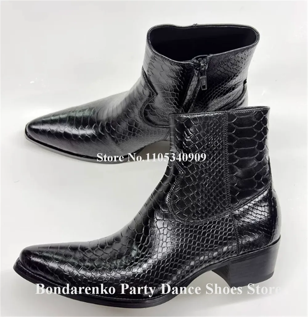 Bondarenko Men Black Snakeskin Pattern Leather Chunky Heel Short Boots Pointed Toe Zipper-up Low Heel Dance Shoes Club Shoes