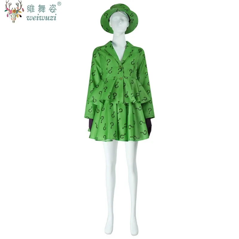 

Halloween Costume Anime Riddler Edward Nygma Green Suit Adult Women Skirt Cosplay Costume Movie Super Villain Stage Perfermance