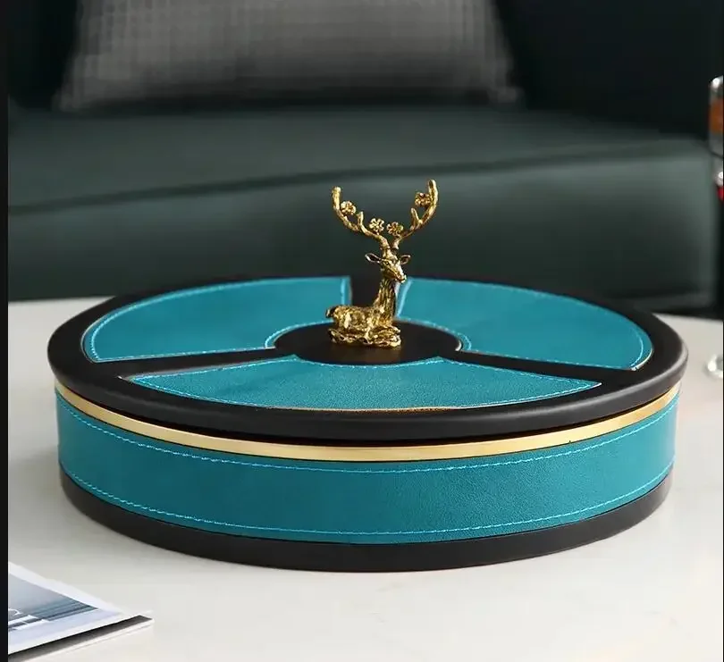 

Кожаная круглая коробка для сухофруктов из смолы с крышкой, украшение в виде оленя, блюдо для закусок, тарелка для конфет, коробка для хранения сухофруктов, поднос для еды