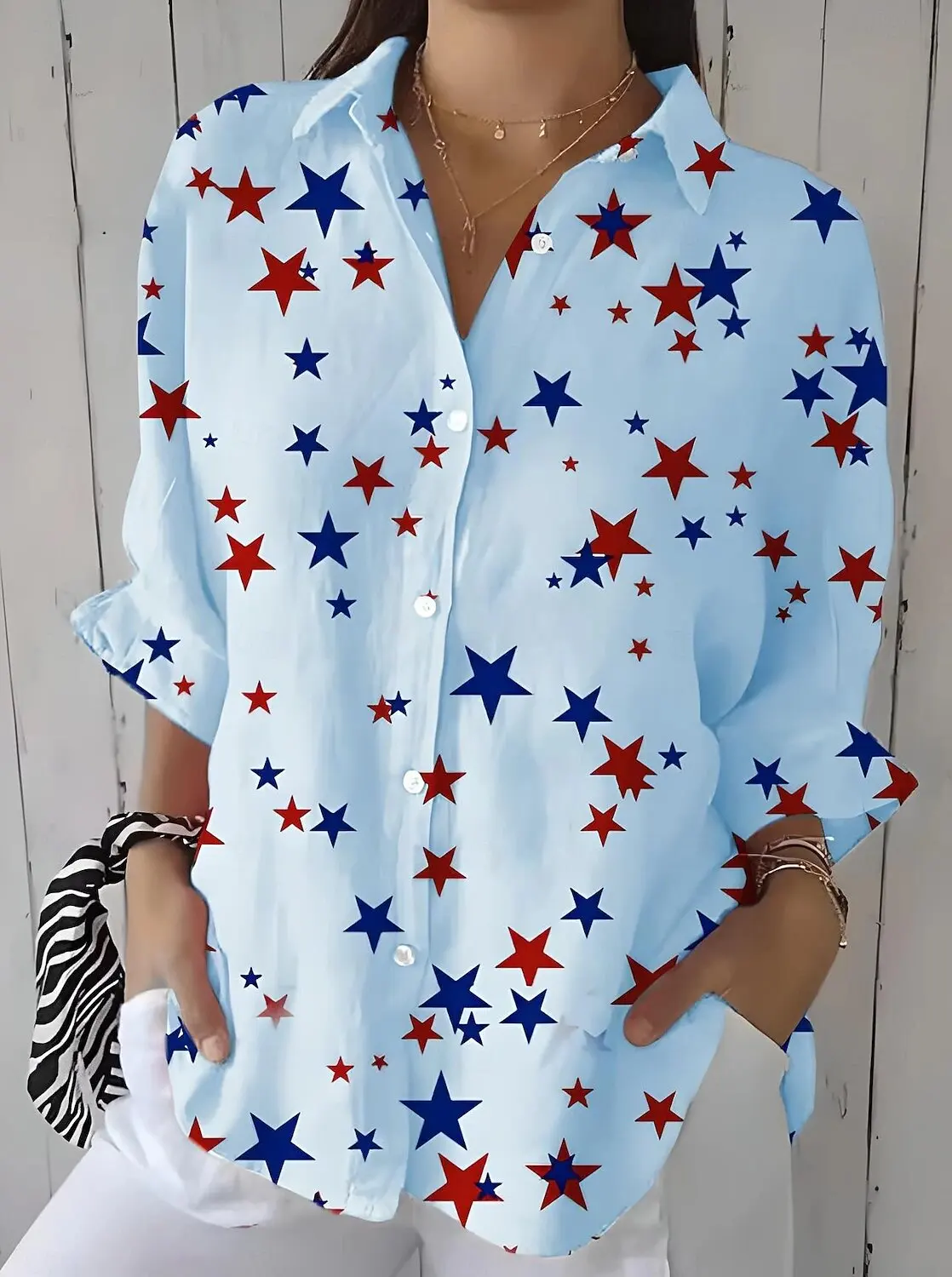 

Ladies patriotic shirt pattern flag star print with buttons retro fashion long-sleeved shirt lapel outdoor oversized clothing