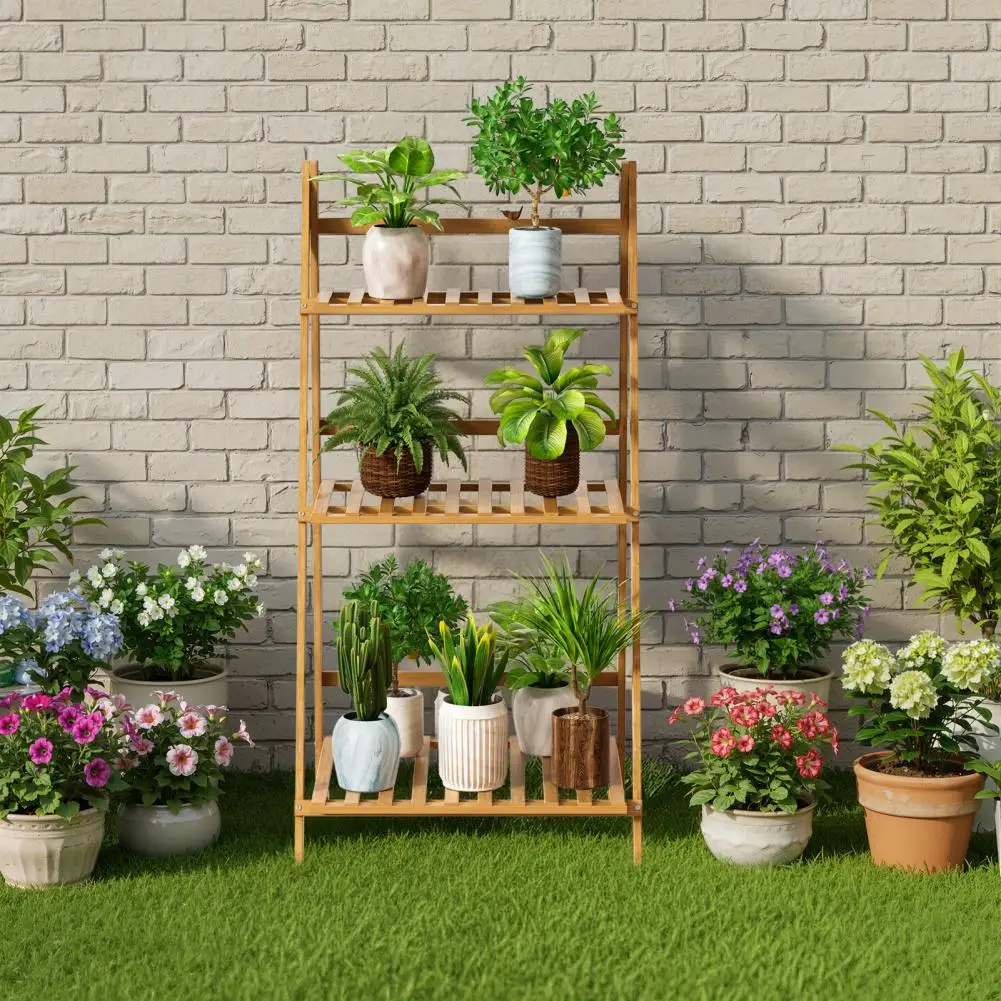 Natural Bamboo 3-Tier Ladder Plant Shelf Foldable Display Rack Sturdy Space Saving for Indoor Outdoor Balcony Flower Pot Decor