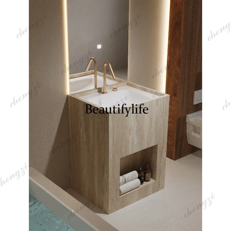 A114 custom hotel villa beige travertine rock slab hot bending integrated column basin outdoor courtyard hand washing basin