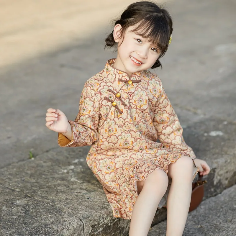 

Retro Hanfu Girls Long Sleeve Lace Dress Autumn New Children Qipao