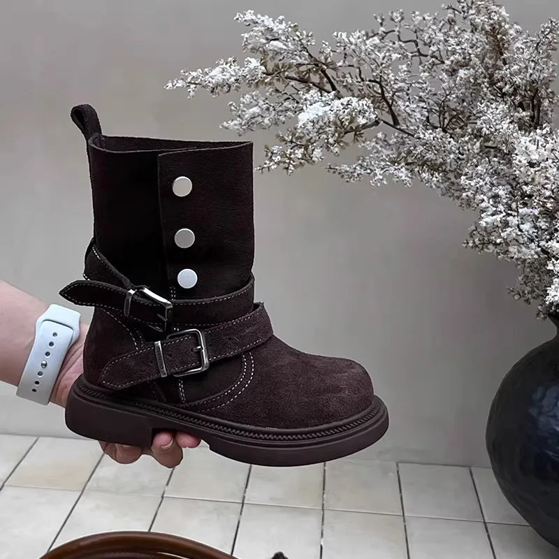 Kids'Boots Solid Color PU Leather Buckle Fashion Autumn Flat Shoes For Children Anti-slip Warm Brown Khaki Shoes Size 26-37