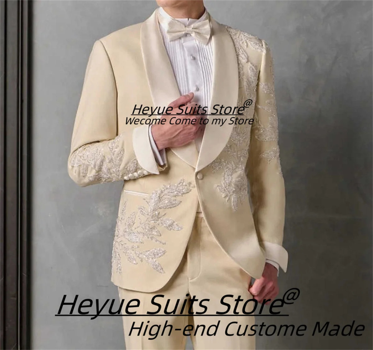 

Luxurious Shiny Bead embroidery Groom Wedding Tuxedos Customized Slim Fit Shawl Lapel Men Suits Male Party Blazers 2 Pieces Sets