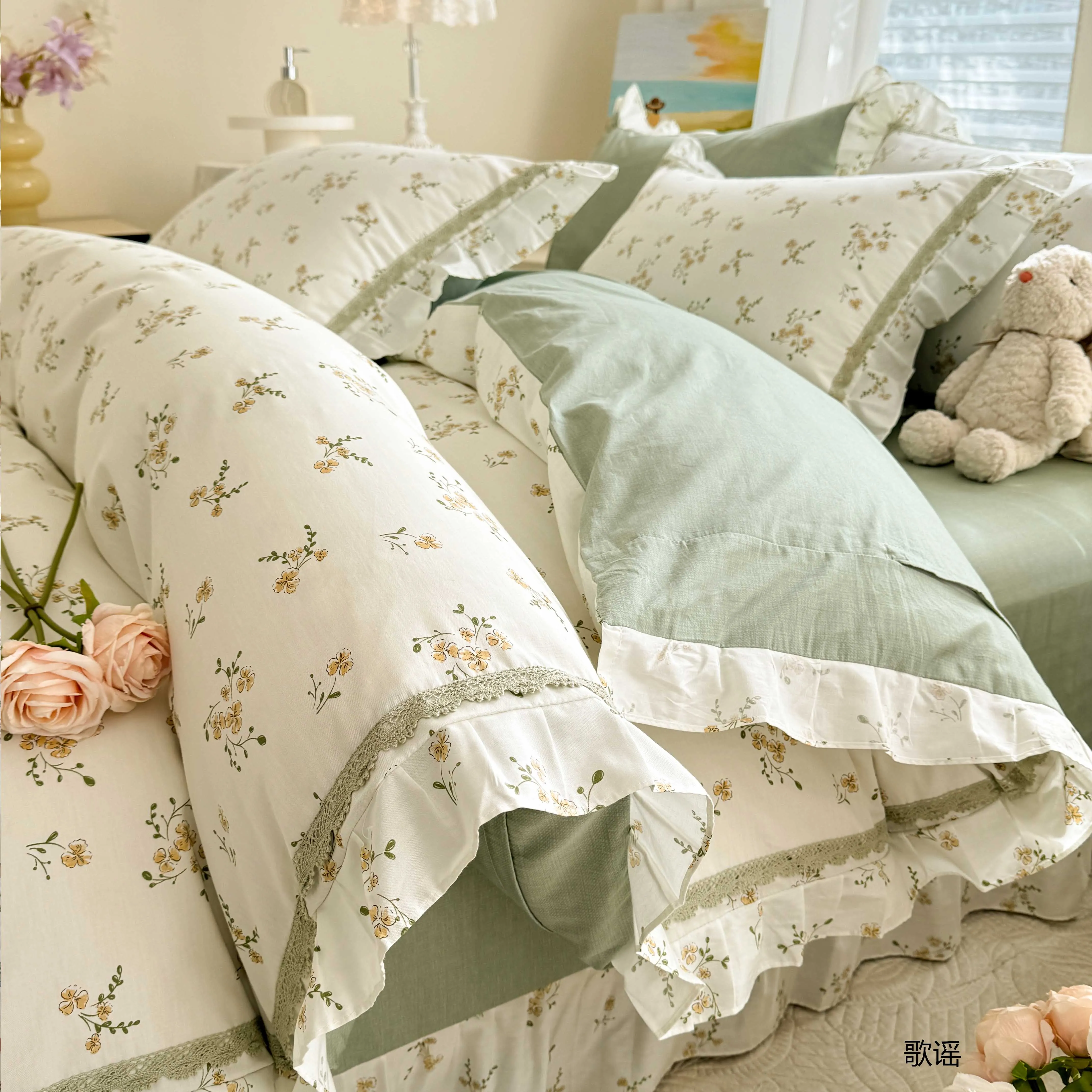 Korean Princess Style Floral Lace Ruffled 100% Cotton Bedding Set Soft & Comfortable Luxury Home Textiles, Cute Duvet Covers Set image 3