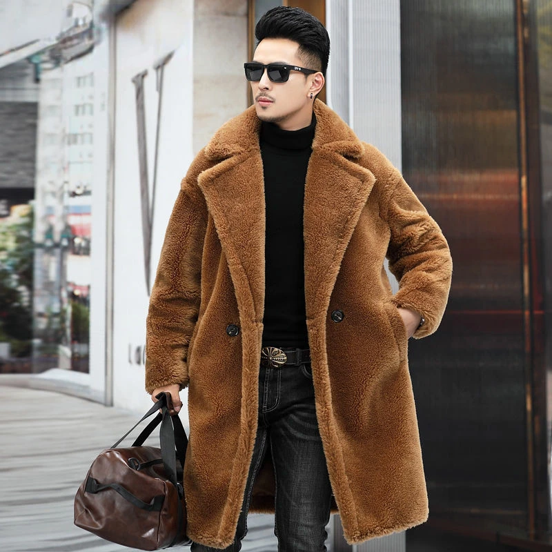 Warm Winter Men Leather Jacket Wool Long Alpaca Coat Fur Windbreaker Faux Fur Coat Windproof Outerwear Casual Fashion