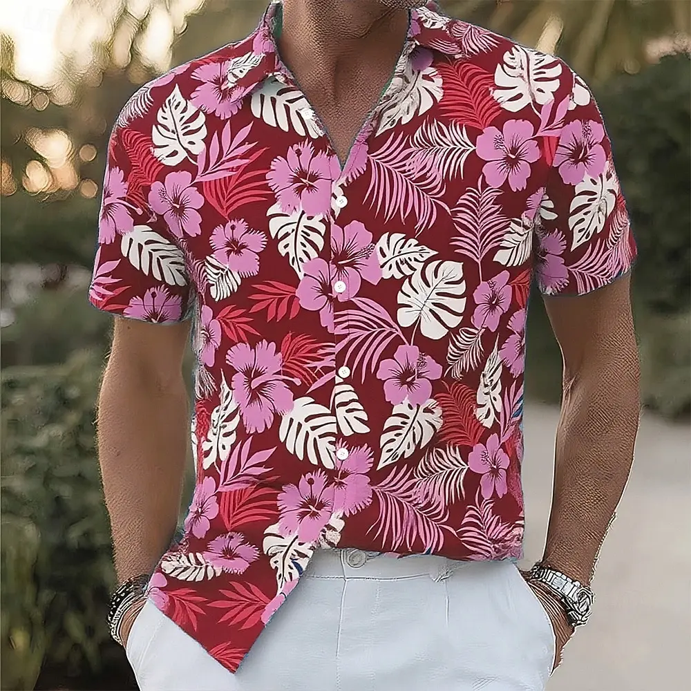 Men's Floral Print Tropical Flowers Palm Leaf Summer Hawaiian Shirt Aloha Shirt Short Sleeve Hawaiian Vacation Beach Wear Summer