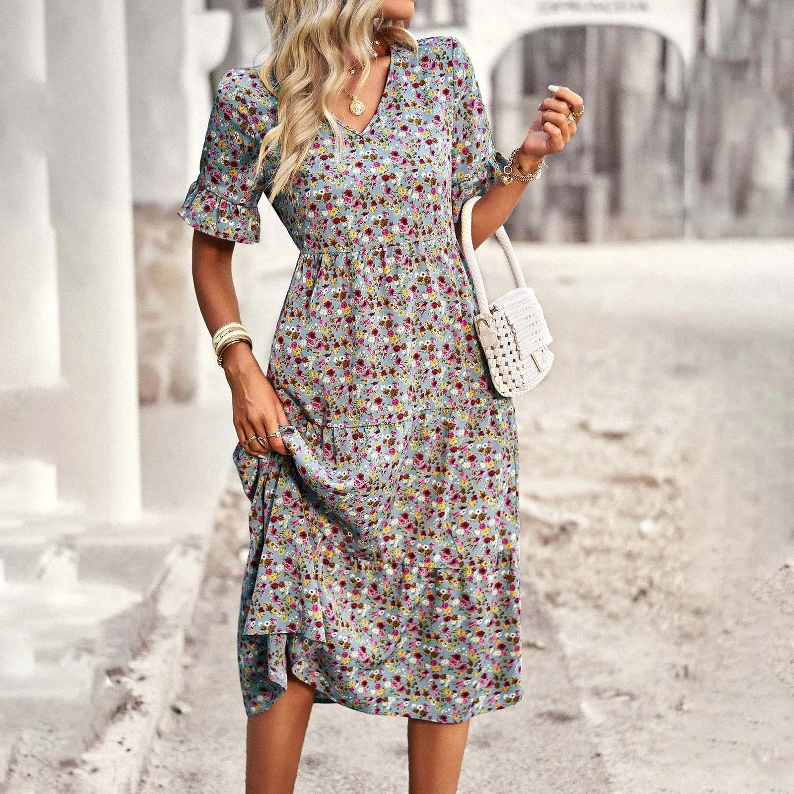 Vestido bohemio con estampado Floral para mujer, traje Midi de manga corta con cuello en V y cintura alta para playa, Verano