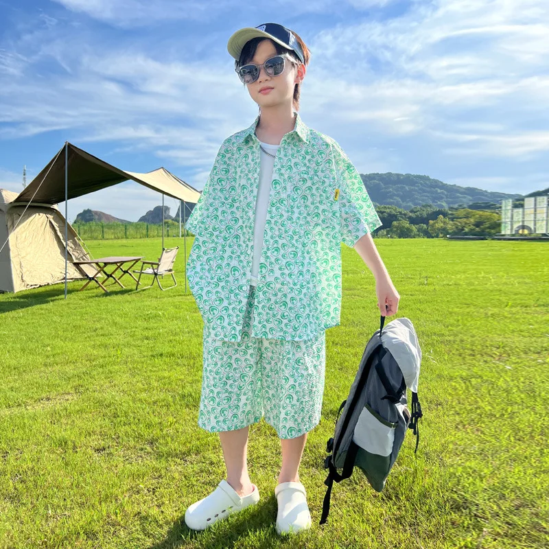 

Boys' Summer Outfit Short-Sleeve Shirt Set 2025 New Design Children Lightweight Summer Shirts for Middle Older Kids Beach Wear