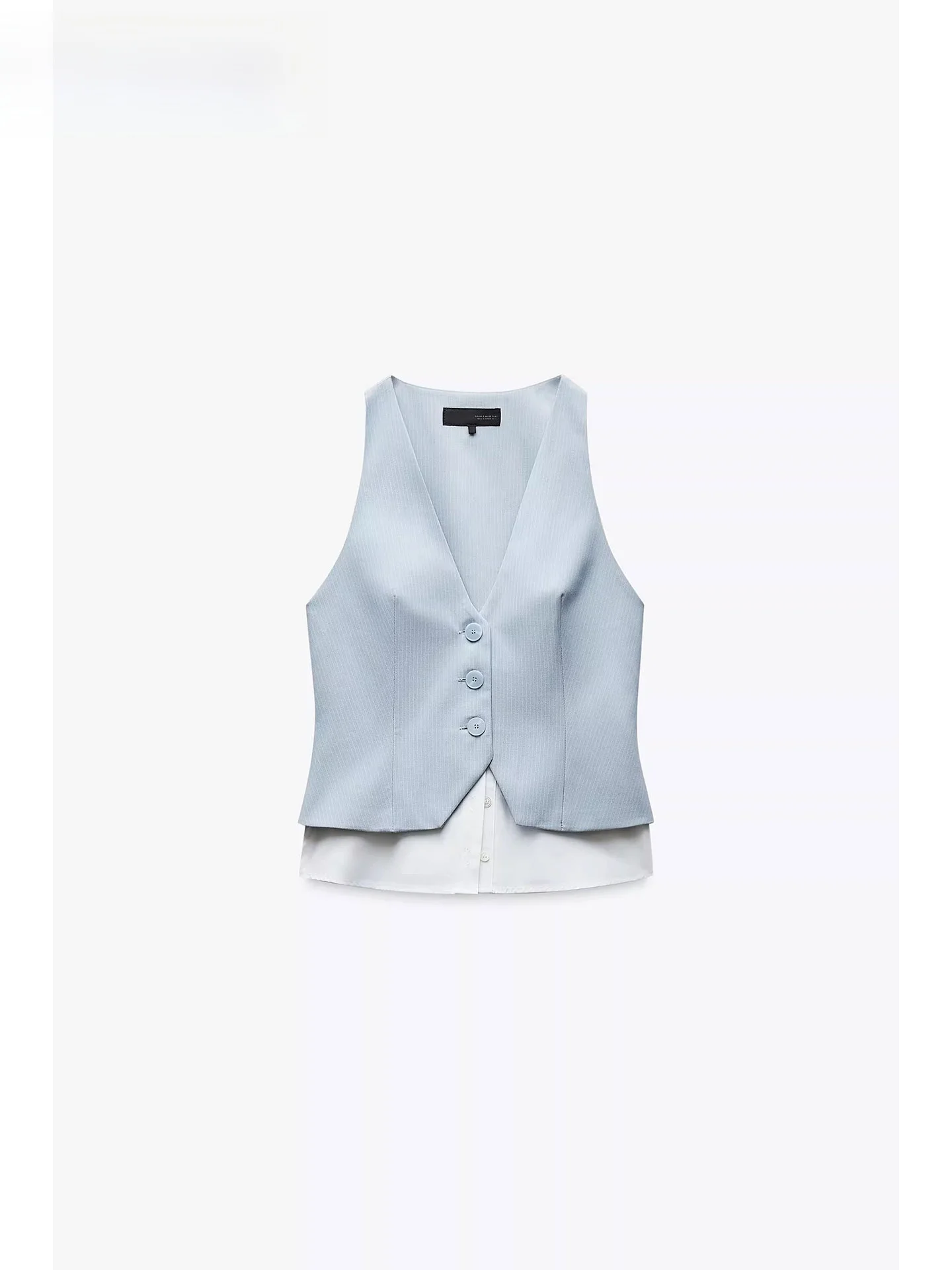 

ZAPRHA2025 Summer New Unique Lightweight Stripe Splicing V-ne Svel Ele Top Vest Versatile Sle Single Button Clo...
