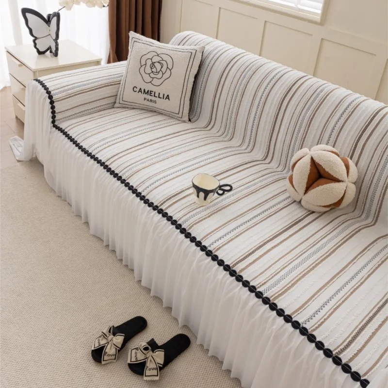 

2025 Korea Style Sofa Cover Striped Patchwork Stretchable Couch Protector Vintage Decor Throw Blanket Pleated Lace Camping Mat