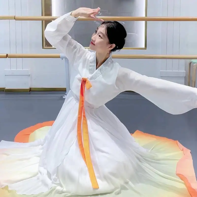 Women Korean Ethnic Dance Costume V Neck Ribbon Gradient Flowing Big Swing Skirt Folk Dance Competition Outfit Set