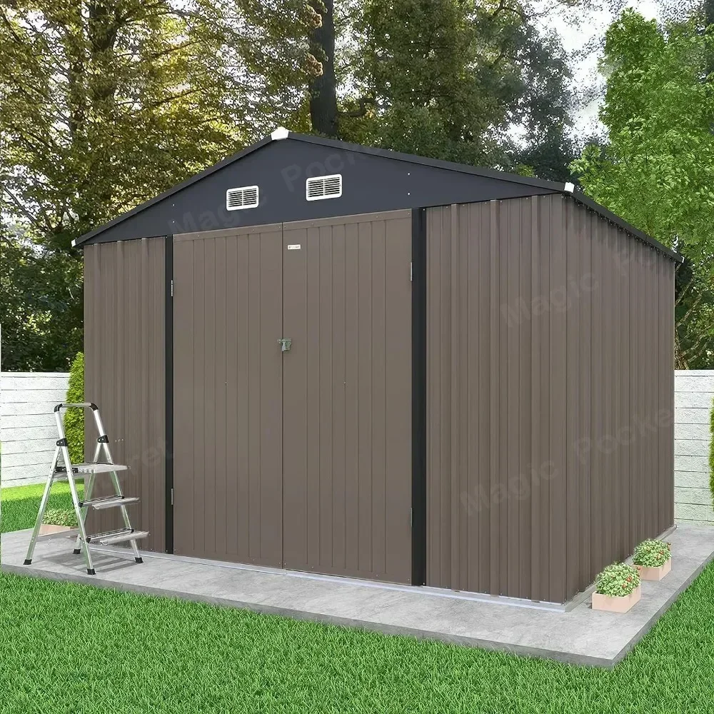 10x8 FT Outdoor Storage Shed, Large Garden Tool Metal Shed with Sloping Roof and Double Lockable Door Cabanons De Jardin image 6